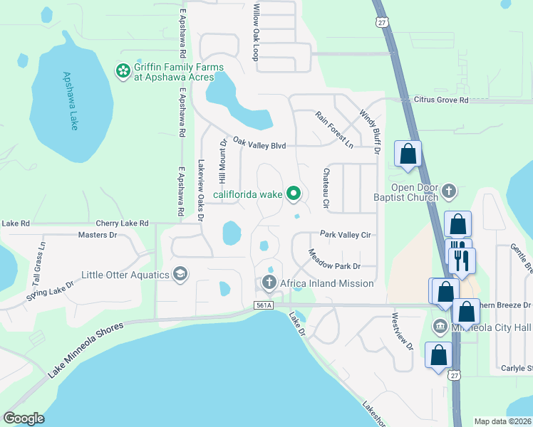 map of restaurants, bars, coffee shops, grocery stores, and more near 1301 Hurlburt Way in Minneola