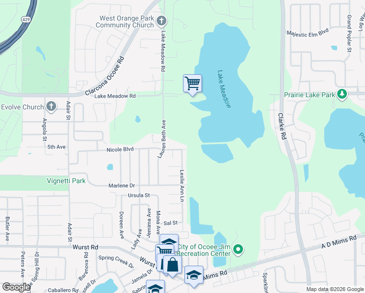 map of restaurants, bars, coffee shops, grocery stores, and more near 2121 Lauren Beth Avenue in Ocoee