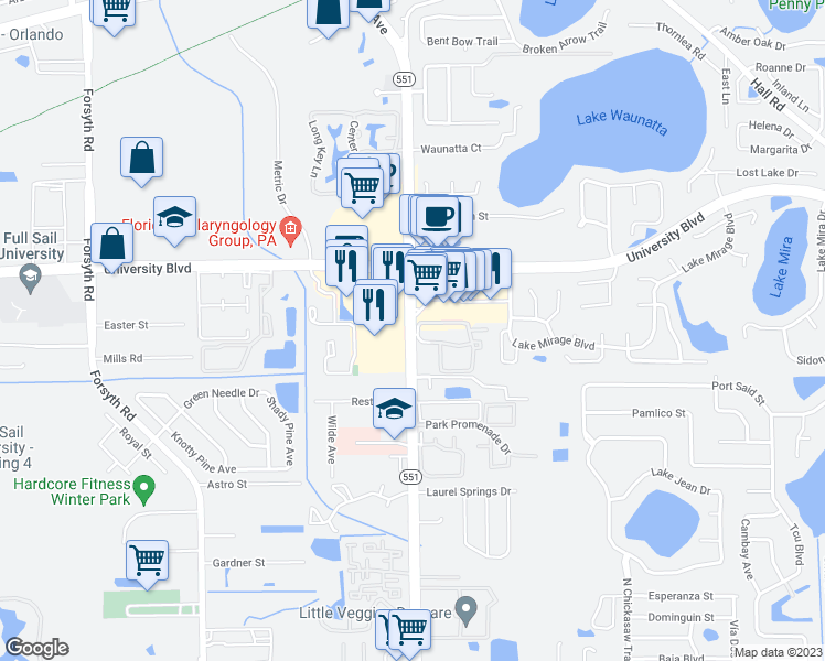 map of restaurants, bars, coffee shops, grocery stores, and more near 3735 North Goldenrod Road in Winter Park