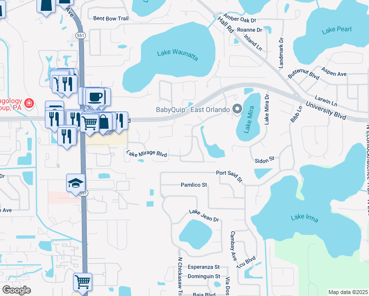 map of restaurants, bars, coffee shops, grocery stores, and more near 8022 Woodfare Court in Orlando