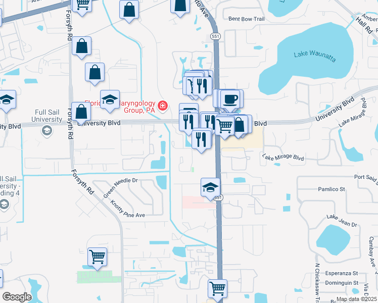 map of restaurants, bars, coffee shops, grocery stores, and more near 3920 Calibre Bend Trail in Winter Park