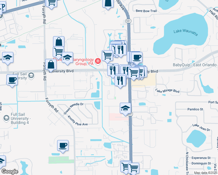 map of restaurants, bars, coffee shops, grocery stores, and more near 3920 Calibre Bend Trail in Winter Park