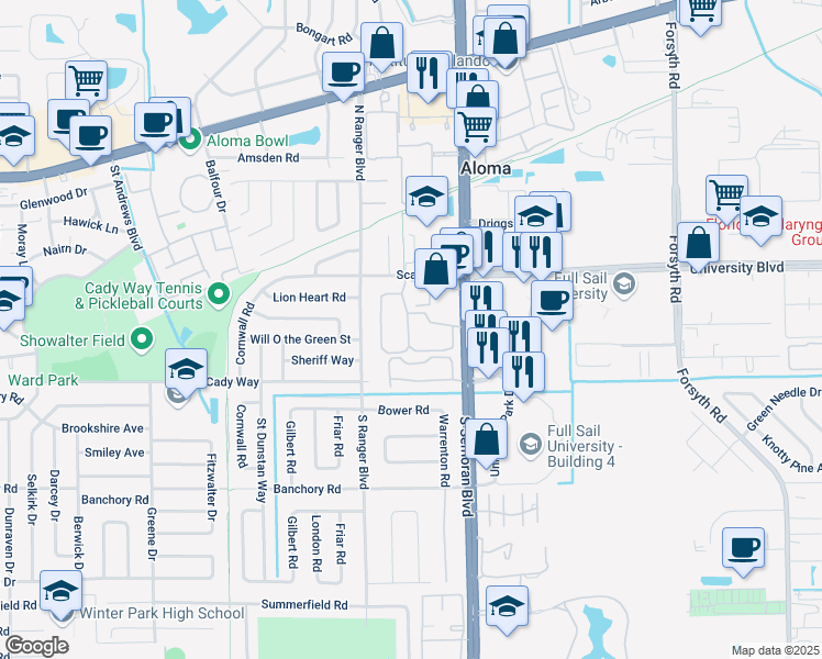 map of restaurants, bars, coffee shops, grocery stores, and more near 3159 U K Circle in Winter Park