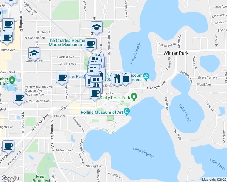 map of restaurants, bars, coffee shops, grocery stores, and more near 315 East New England Avenue in Winter Park