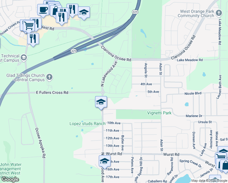 map of restaurants, bars, coffee shops, grocery stores, and more near 10711 North Lakewood Avenue in Apopka
