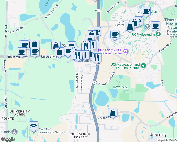 map of restaurants, bars, coffee shops, grocery stores, and more near 12141 Napiers Circle in Orlando