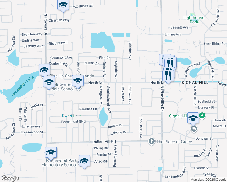 map of restaurants, bars, coffee shops, grocery stores, and more near 4315 Meadowbrook Avenue in Orlando