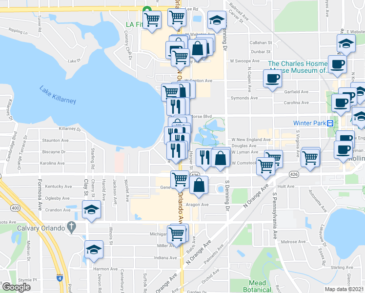 map of restaurants, bars, coffee shops, grocery stores, and more near 223 Beachview Avenue in Winter Park