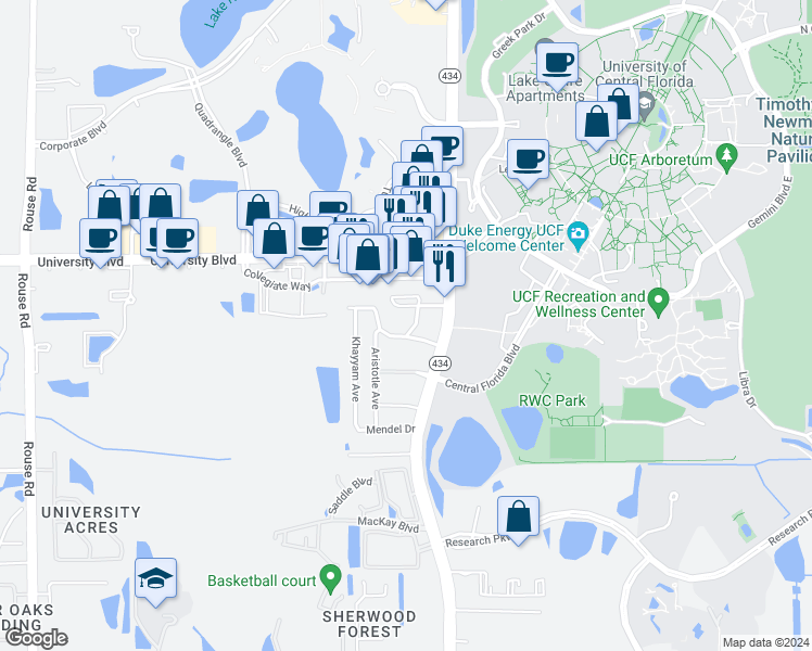 map of restaurants, bars, coffee shops, grocery stores, and more near 12143 Napiers Circle in Orlando