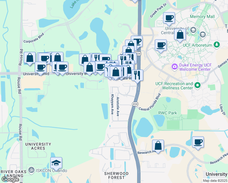 map of restaurants, bars, coffee shops, grocery stores, and more near 3803 Khayyam Avenue in Orlando