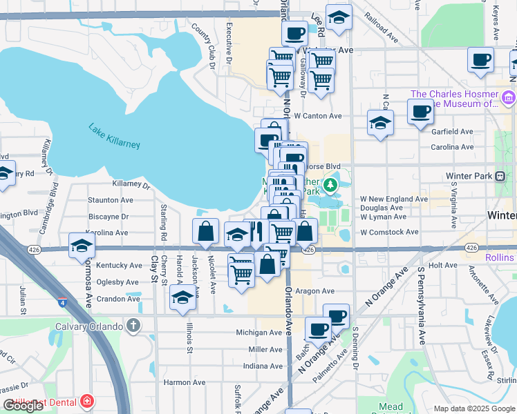 map of restaurants, bars, coffee shops, grocery stores, and more near 281 Killarney Drive in Winter Park
