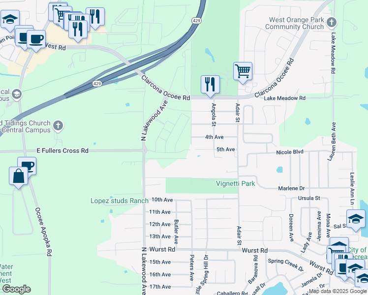 map of restaurants, bars, coffee shops, grocery stores, and more near 10666 4th Avenue in Ocoee