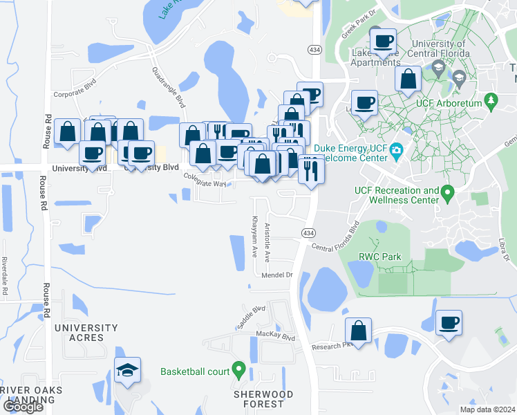 map of restaurants, bars, coffee shops, grocery stores, and more near 3807 Khayyam Avenue in Orlando