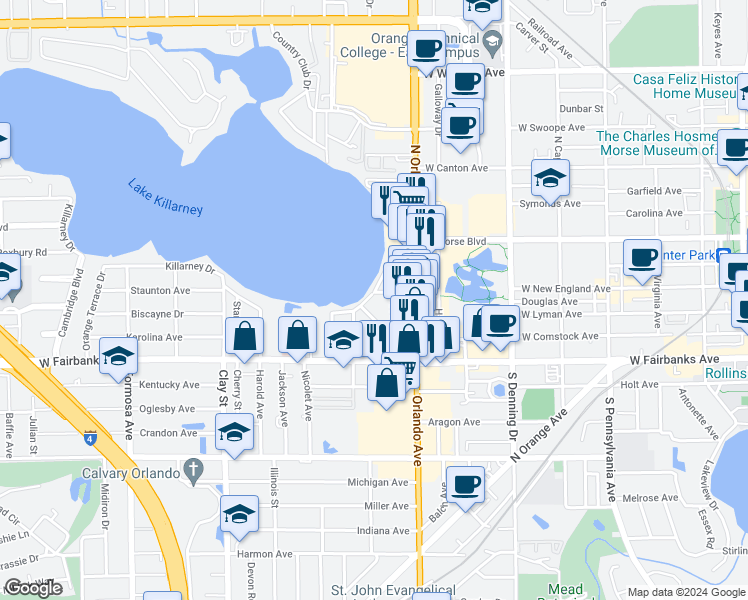 map of restaurants, bars, coffee shops, grocery stores, and more near 281 Killarney Drive in Winter Park