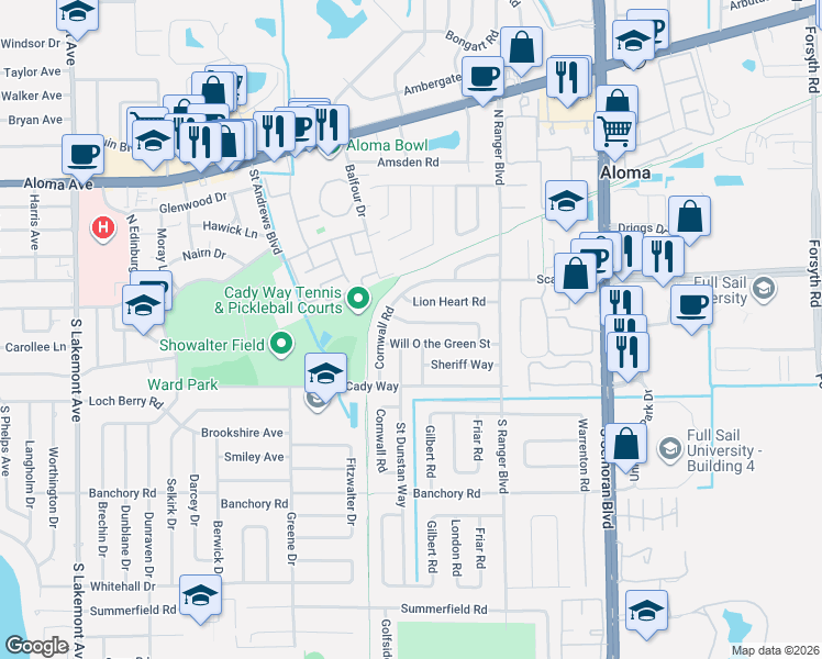 map of restaurants, bars, coffee shops, grocery stores, and more near 2723 Prince John Road in Winter Park