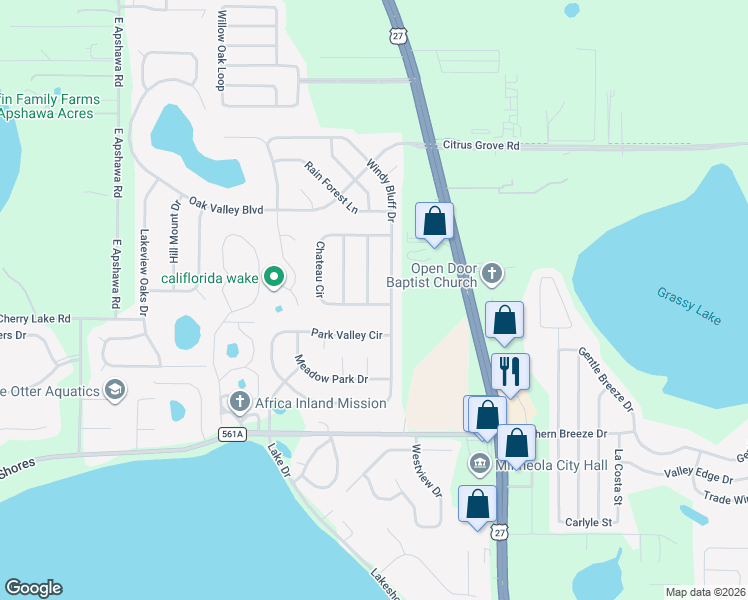 map of restaurants, bars, coffee shops, grocery stores, and more near 1109 Breezy Knoll Street in Minneola