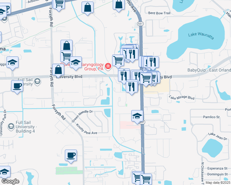 map of restaurants, bars, coffee shops, grocery stores, and more near 3920 Calibre Bend Trail in Winter Park