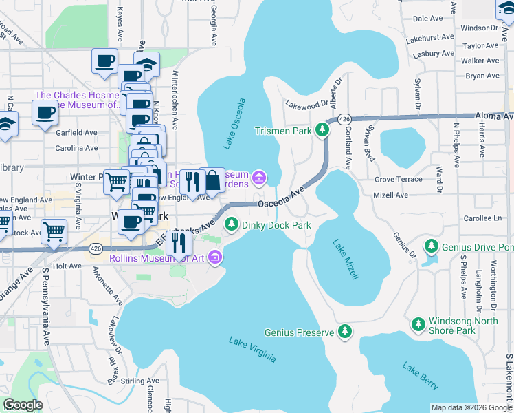 map of restaurants, bars, coffee shops, grocery stores, and more near 633 Osceola Avenue in Winter Park
