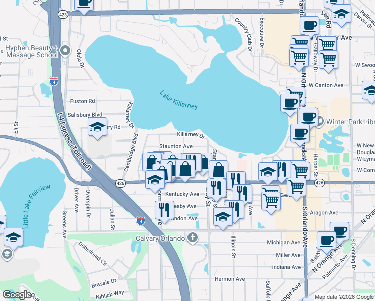 map of restaurants, bars, coffee shops, grocery stores, and more near 1893 Staunton Avenue in Winter Park
