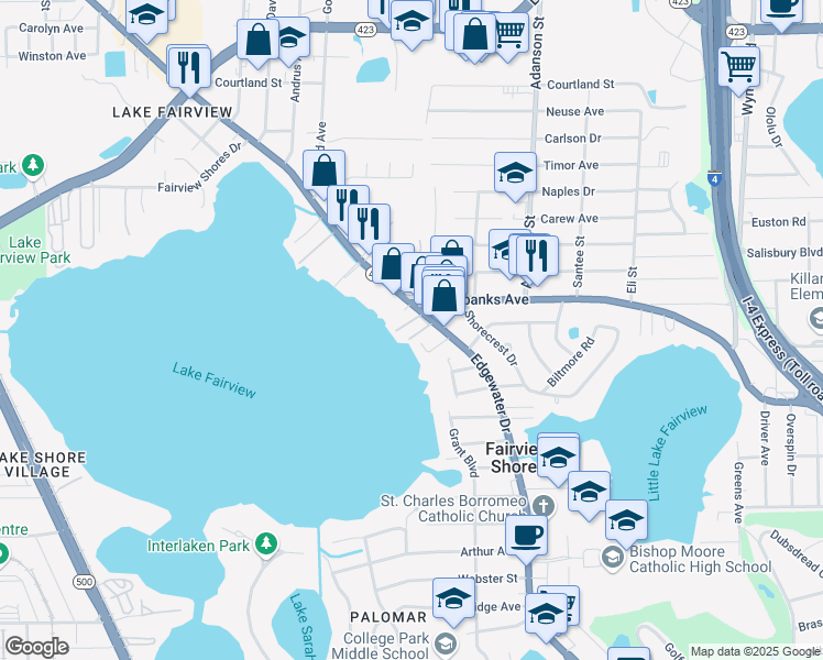 map of restaurants, bars, coffee shops, grocery stores, and more near in Fairview Shores