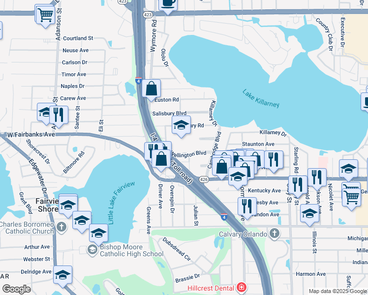 map of restaurants, bars, coffee shops, grocery stores, and more near 2401 Wellington Boulevard in Winter Park