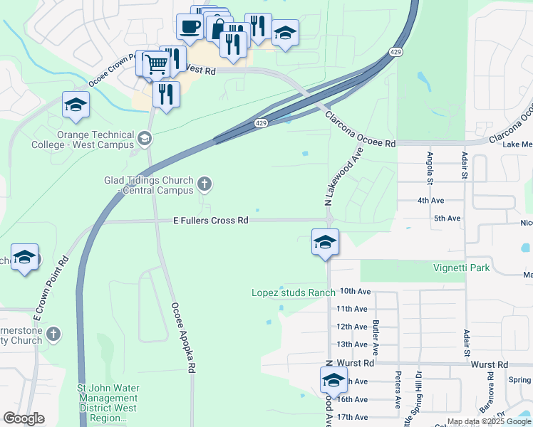 map of restaurants, bars, coffee shops, grocery stores, and more near 2221 East Fullers Cross Road in Ocoee
