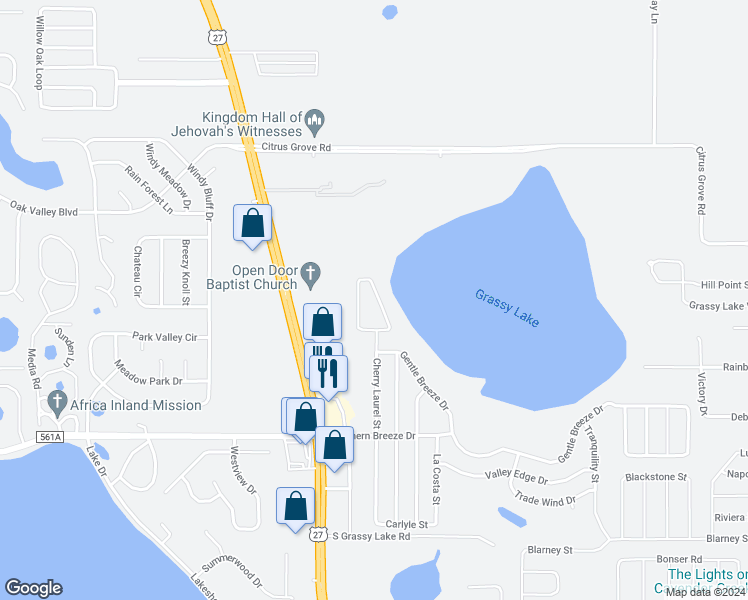 map of restaurants, bars, coffee shops, grocery stores, and more near 213 Magellan Circle in Minneola