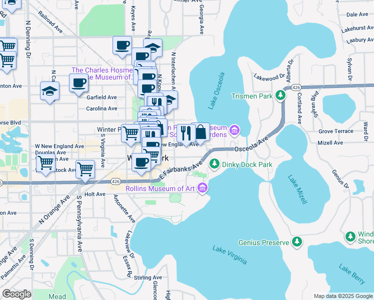 map of restaurants, bars, coffee shops, grocery stores, and more near 300 East New England Avenue in Winter Park