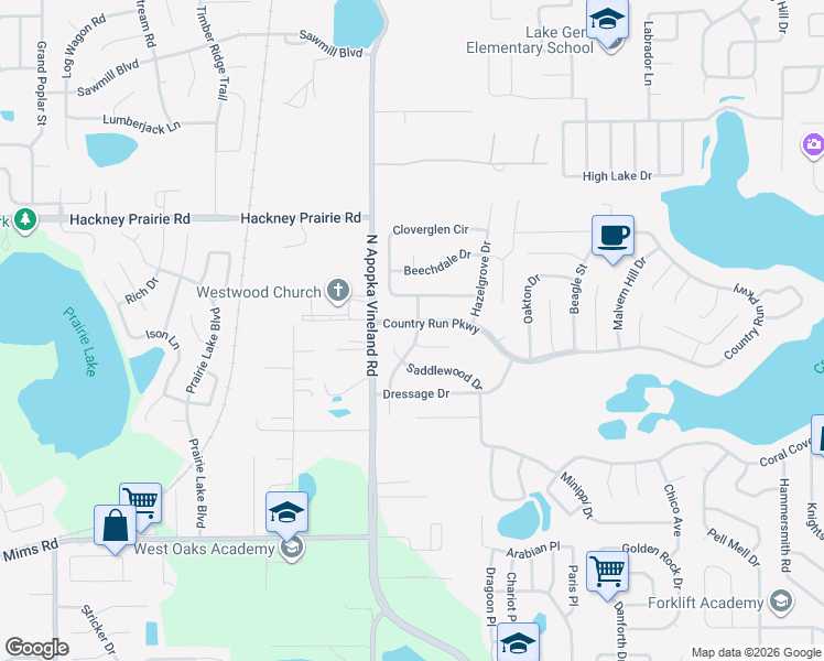 map of restaurants, bars, coffee shops, grocery stores, and more near 8051 Country Run Parkway in Orlando