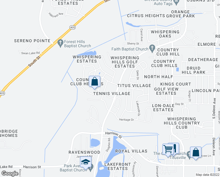 map of restaurants, bars, coffee shops, grocery stores, and more near 1664 South Park Avenue in Titusville