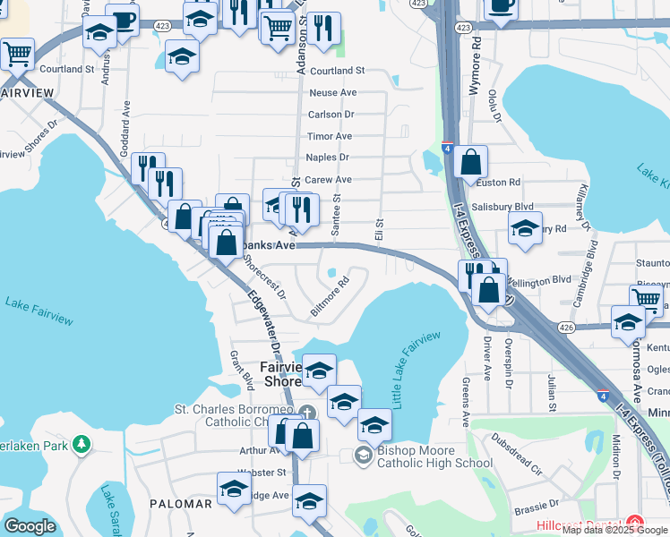 map of restaurants, bars, coffee shops, grocery stores, and more near 4300 Biltmore Road in Orlando
