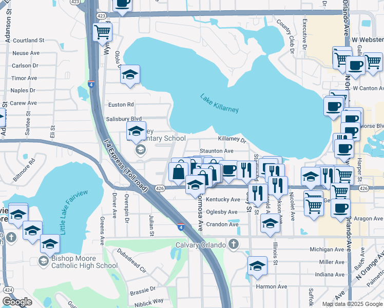 map of restaurants, bars, coffee shops, grocery stores, and more near 2111 Staunton Avenue in Winter Park
