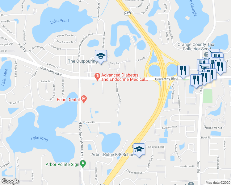 map of restaurants, bars, coffee shops, grocery stores, and more near 3925 Valencia Grove Lane in Orlando
