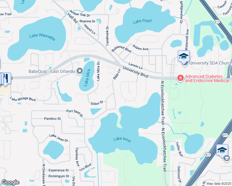 map of restaurants, bars, coffee shops, grocery stores, and more near 4012 Bibb Lane in Orlando