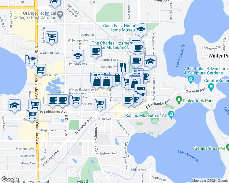 map of restaurants, bars, coffee shops, grocery stores, and more near 309 West New England Avenue in Winter Park
