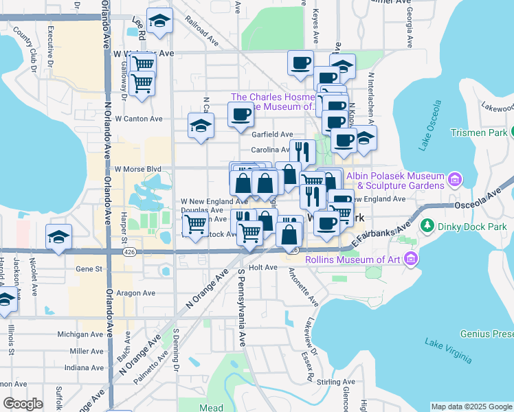 map of restaurants, bars, coffee shops, grocery stores, and more near 433 West New England Avenue in Winter Park
