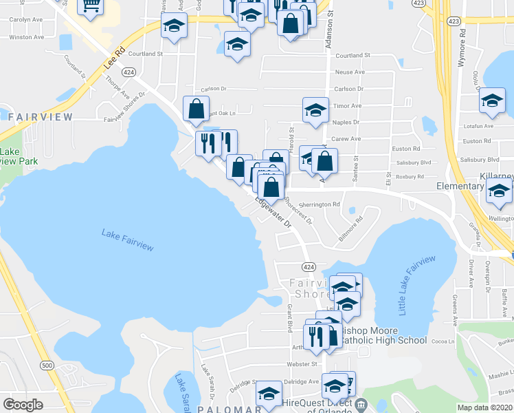 map of restaurants, bars, coffee shops, grocery stores, and more near 4355 Edgewater Drive in Orlando