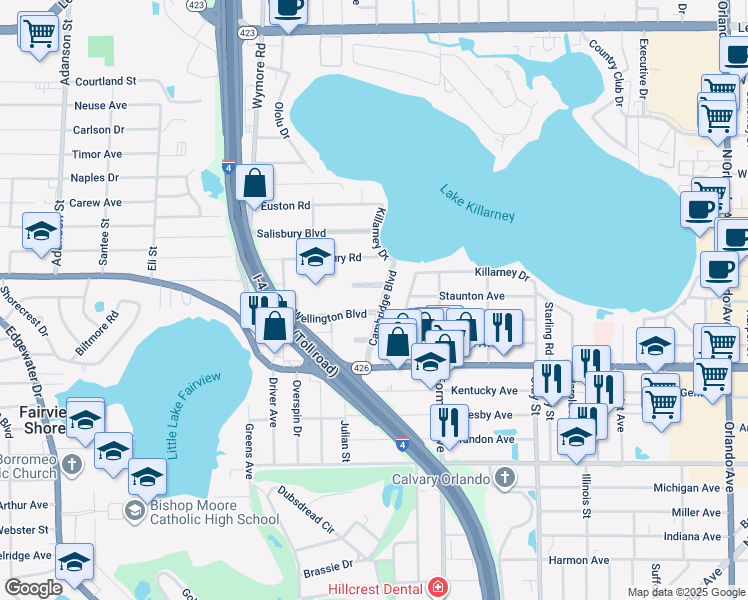 map of restaurants, bars, coffee shops, grocery stores, and more near 2400 Westminster Court in Winter Park
