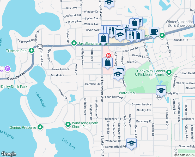 map of restaurants, bars, coffee shops, grocery stores, and more near 1848 Mizell Avenue in Winter Park