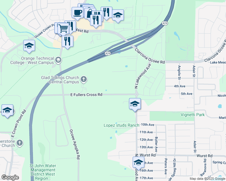 map of restaurants, bars, coffee shops, grocery stores, and more near 2221 East Fullers Cross Road in Ocoee