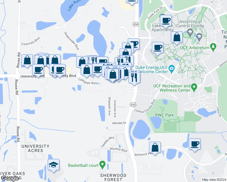 map of restaurants, bars, coffee shops, grocery stores, and more near 12035 Socrates Drive in Orlando