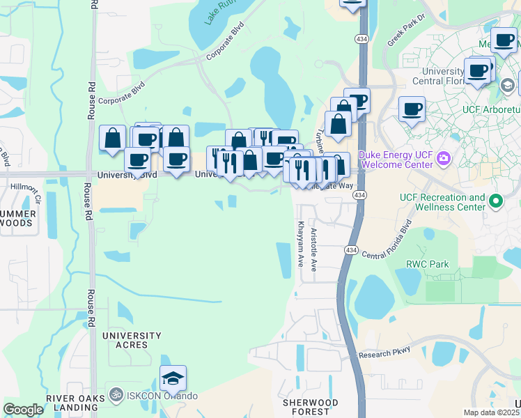 map of restaurants, bars, coffee shops, grocery stores, and more near 11850 University Boulevard in Orlando