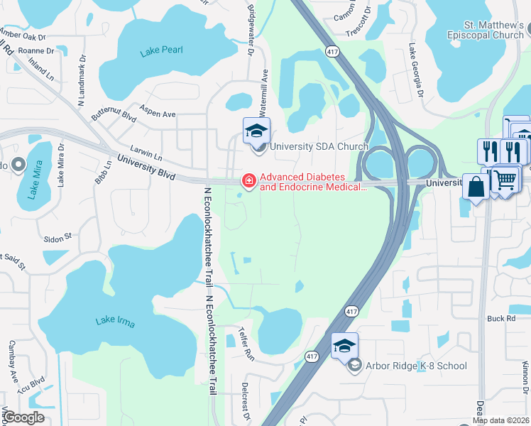 map of restaurants, bars, coffee shops, grocery stores, and more near 3925 Greenview Pines Court in Orlando