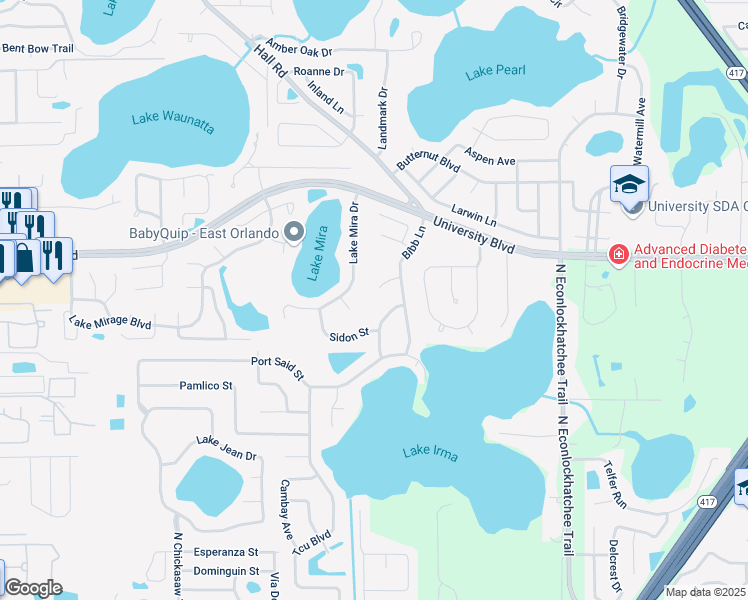 map of restaurants, bars, coffee shops, grocery stores, and more near 8607 Port Sudan Court in Orlando