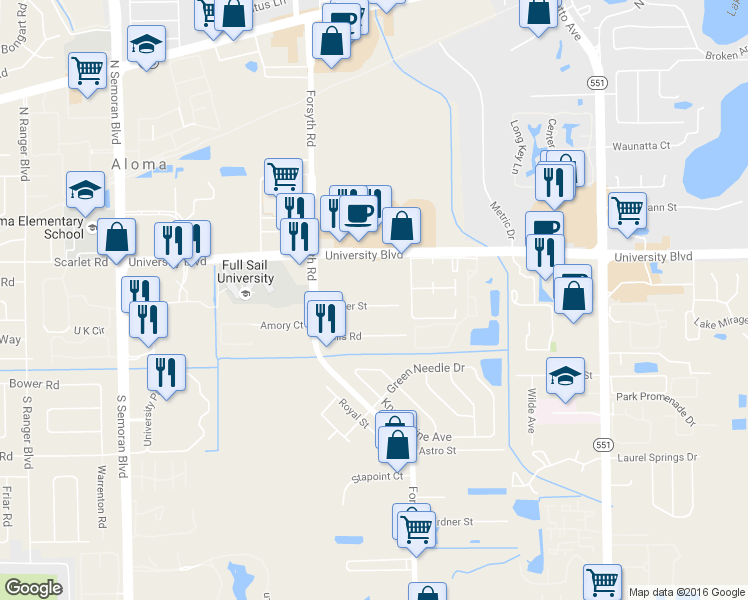 map of restaurants, bars, coffee shops, grocery stores, and more near 7025 Easter Street in Winter Park