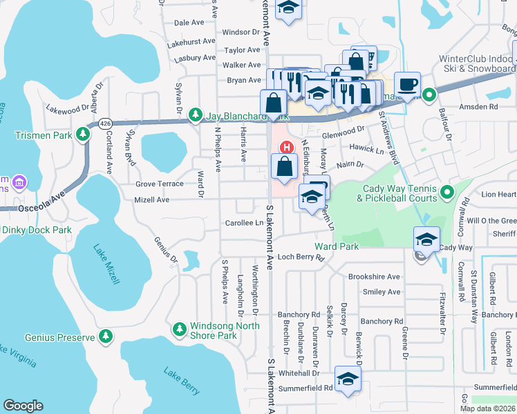 map of restaurants, bars, coffee shops, grocery stores, and more near 1848 Mizell Avenue in Winter Park