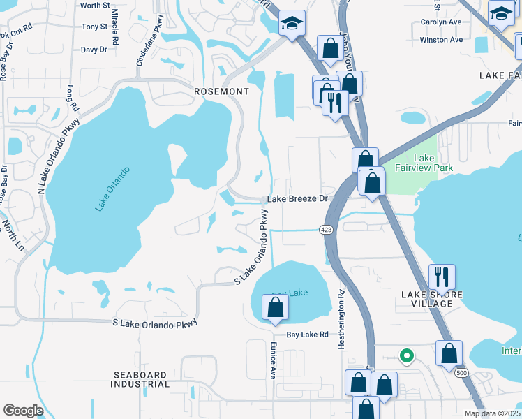 map of restaurants, bars, coffee shops, grocery stores, and more near 4436 Bay Breeze Road in Orlando