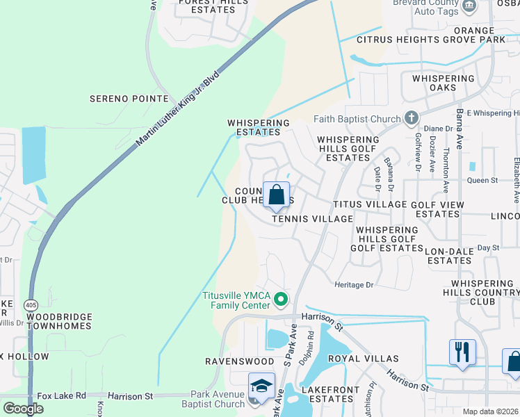 map of restaurants, bars, coffee shops, grocery stores, and more near 2782 Pine Ridge Drive in Titusville