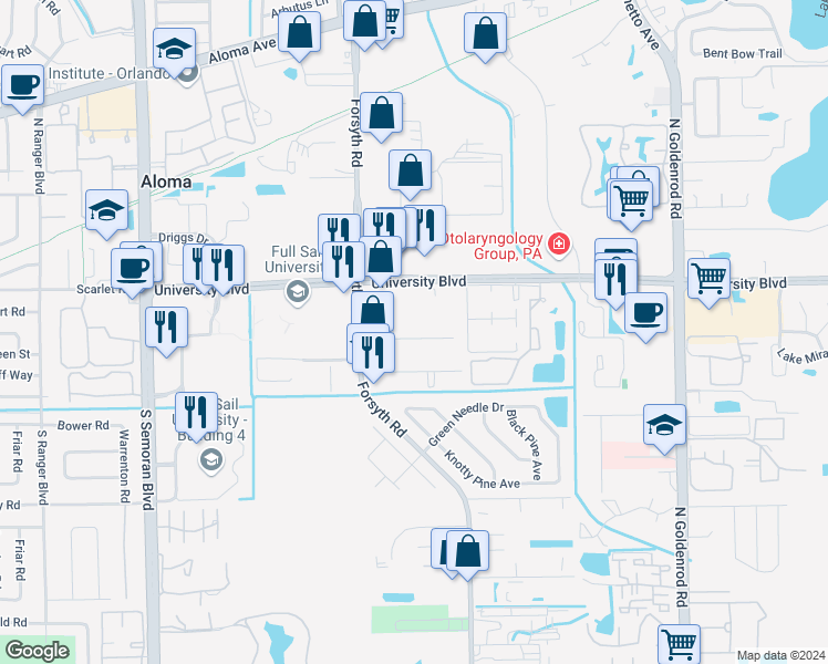 map of restaurants, bars, coffee shops, grocery stores, and more near 7025 Easter St in Winter Park