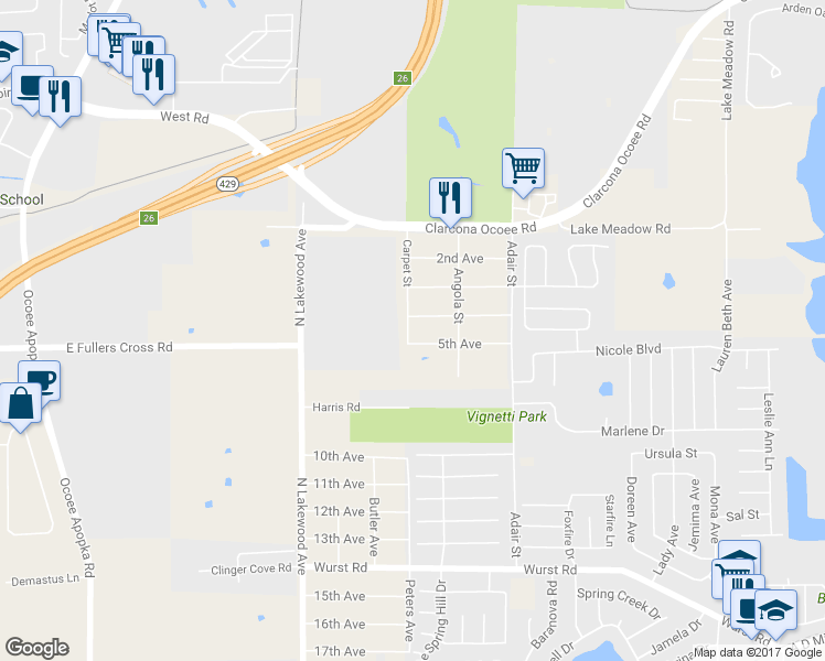 map of restaurants, bars, coffee shops, grocery stores, and more near 10666 4th Avenue in Ocoee